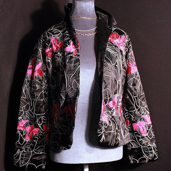 Chico's Jackets & Blazers - Chico's Women's Black Pink Floral Embroidery Blazer Jacket Size 1